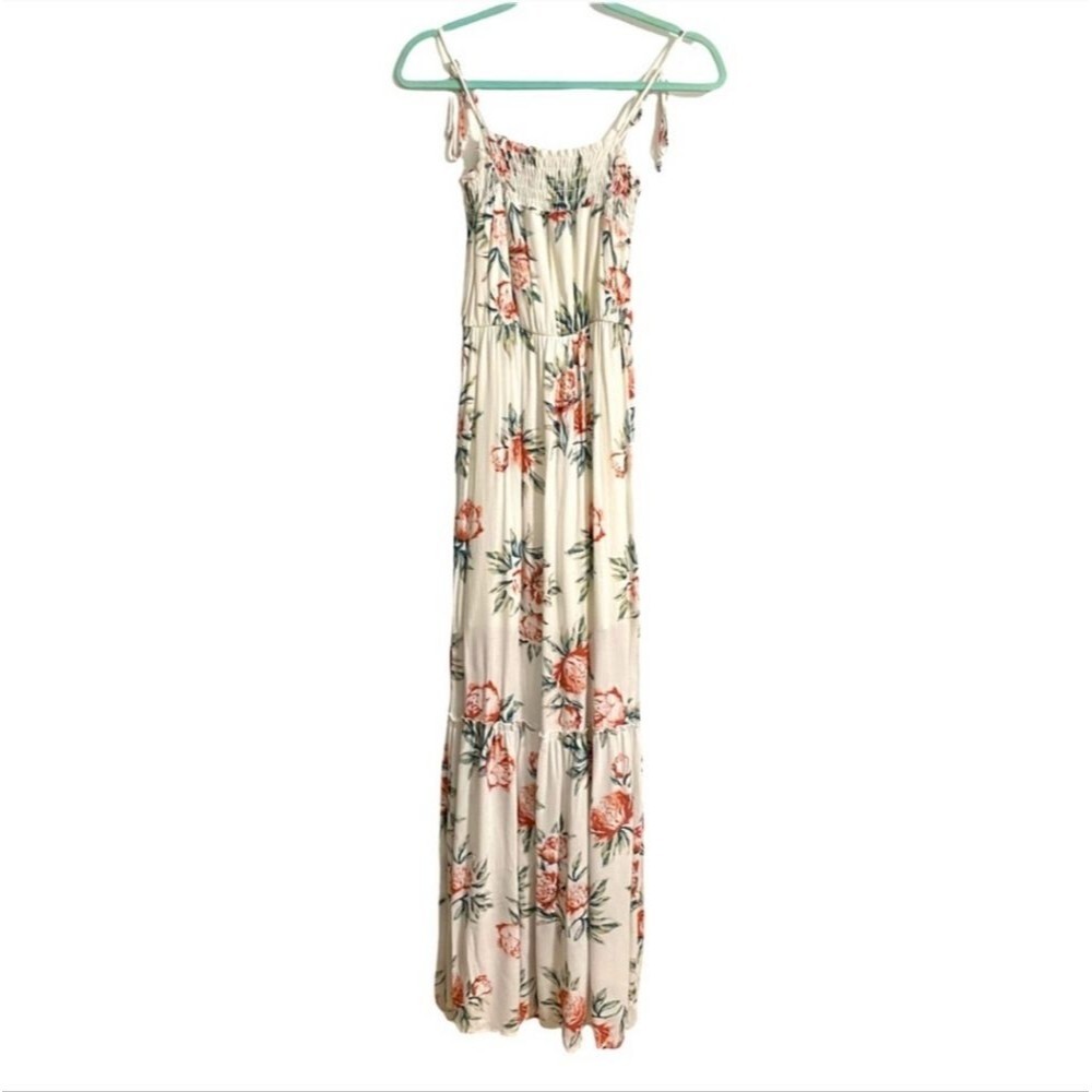 dee elly Floral Tie Spaghetti Strap Smocked White Maxi Dress Size M